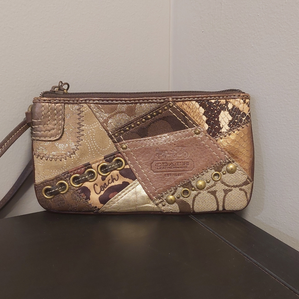 Coach Metallic Patchwork Wristlet - Gold/Brown